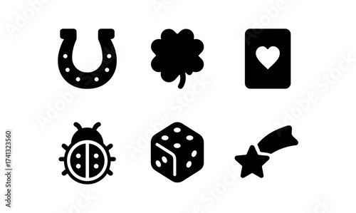 Flat minimalist lucky symbol icons set: horseshoe, clover, ladybug, dice, card, star