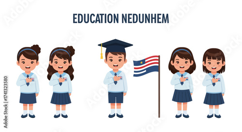 Group of cute cartoon school children in uniform celebrating graduation with a flag.