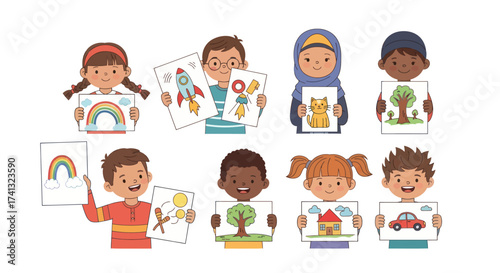 Diverse Children Holding Up Their Drawings with Joyful Expressions.
