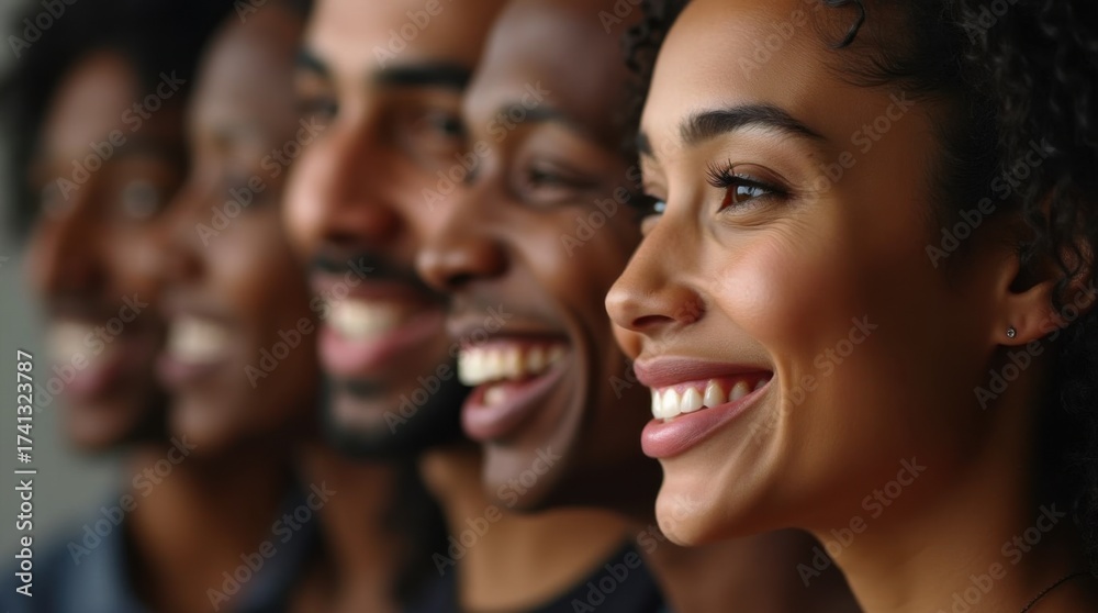 Obraz premium Close-up multiethnic faces with even studio lighting and subtle laugh lines visible, crisp detail, neutral background, authentic expressions, beauty diversity, clean retouching, inclusive