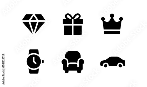 Minimalist icons: diamond, gift, crown, watch, armchair, car silhouettes