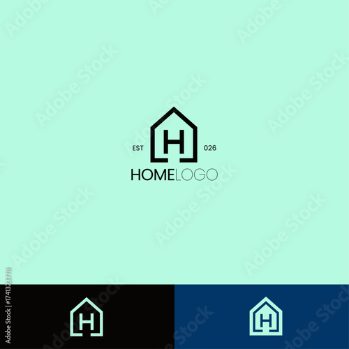 Minimalist Line Art House with Letter H Logo with three different background.