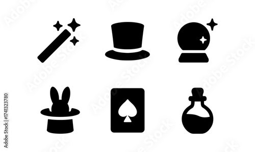 Magic icons: wand, top hat, crystal ball, rabbit, playing card, potion in silhouette style