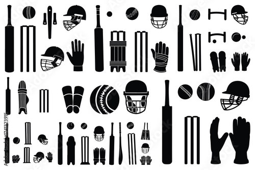 Cricket equipment collection black silhouette icons