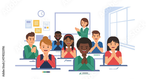 Diverse group of students enthusiastically clapping in a classroom setting.