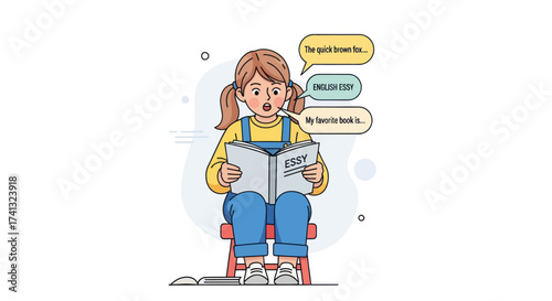 Young Girl Reading Book with Speech Bubbles Surprised Expression.