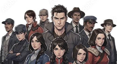 Diverse group of animated characters in vintage attire standing together.