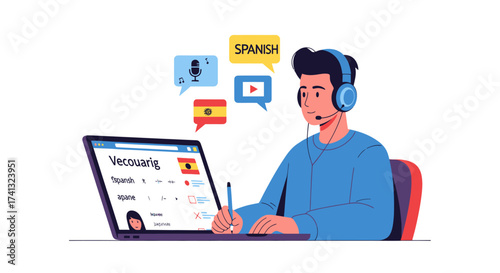 Young Man Learning Spanish Online with Laptop and Headset.