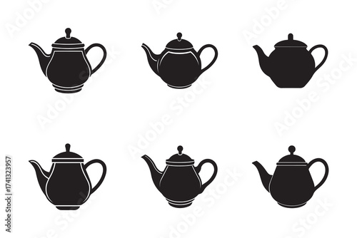 Elegant Teapot Silhouettes Collection Black and White Vector Graphic Illustration for Tea Time and Beverage Designs