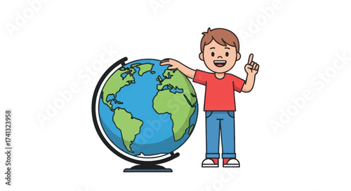 Young cartoon boy pointing at a spinning world globe.