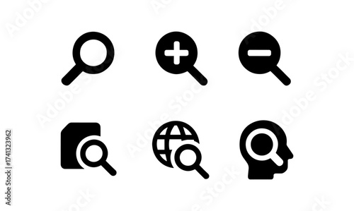 Magnifying glass icons: zoom in, zoom out, search, and exploration symbols