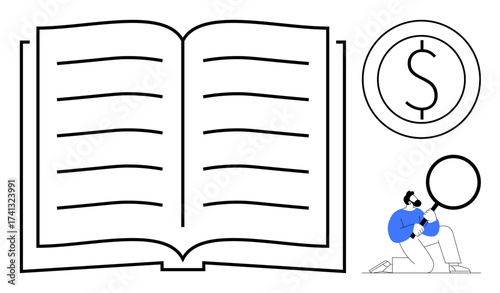 Open book with simple lines, man holding magnifying glass examining details, and dollar sign icon representing analysis, education, research, finance, knowledge, discovery and learning. Ideal
