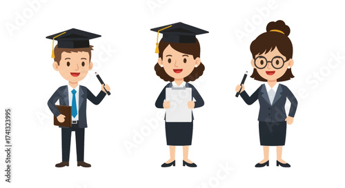 Vector illustration of two happy student graduates and a female teacher character set.