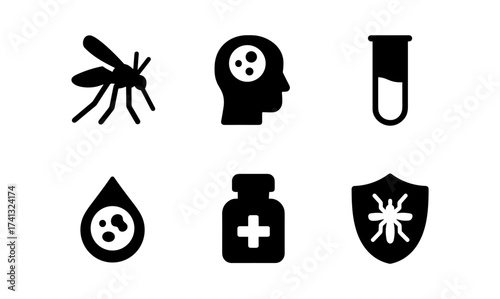Mosquito and disease prevention icons set in bold silhouette style