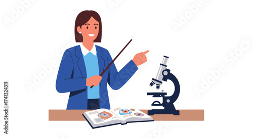Smiling Woman Explaining Science with Microscope and Book.