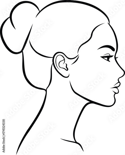 This elegant line art illustration features a profile view of a woman with her hair styled in a neat bun.