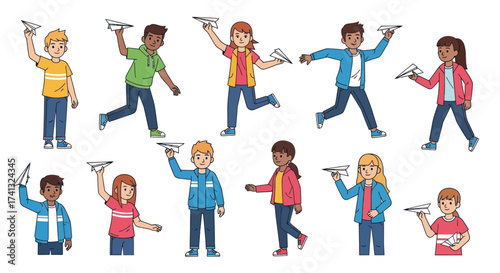 Diverse Group of Children Joyfully Launching Paper Airplanes.