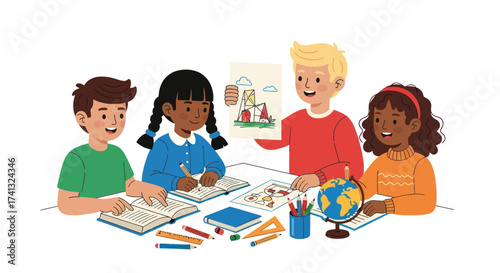 Diverse Group of Children Learning and Collaborating at School.