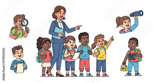 A collection of cartoon illustrations featuring a teacher and diverse elementary school students on an educational field trip or nature exploration.
