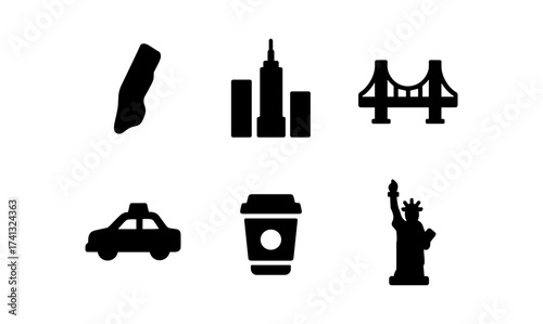 Iconic new york city symbols: sleek black silhouettes of landmarks and urban elements