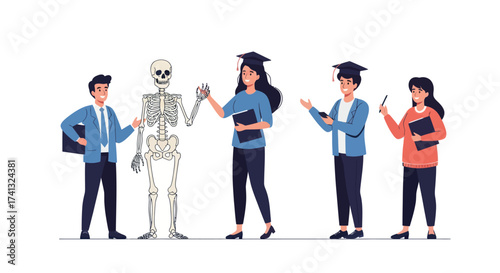 Diverse Students and Professionals with Human Skeleton for Education.
