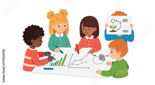 A diverse group of young students collaborating on a school science project with charts and graphs.