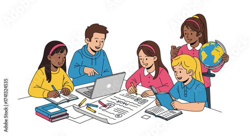A diverse group of young students collaborating on a school project with a laptop and books.
