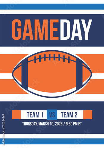 Game Day. American football playoff. Super Party in United States. Final game of regular season. Professional team championship. Ball for american football. Sport poster. Vector illustration