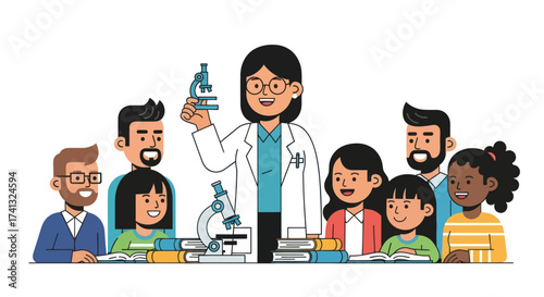 Science Teacher Demonstrating Microscope to Students in Classroom.