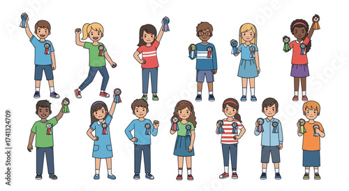 Diverse Group of Cartoon Children Holding Dumbbells Cheerful Poses.