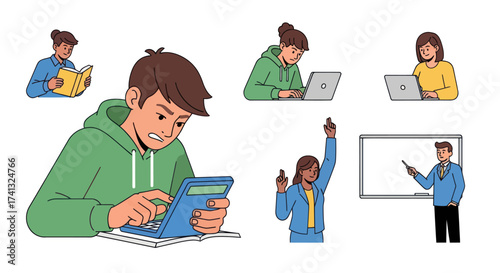 A collection of diverse young students engaged in various educational activities and learning poses.