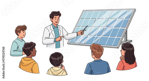 Scientist Explaining Solar Panel Technology to Students in Classroom.