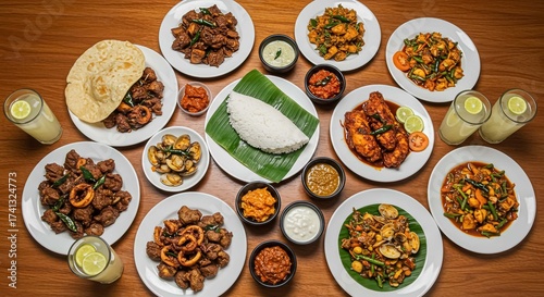 Photography Overhead shot of a delicious spread of traditional kerala cuisine on a wooden ta