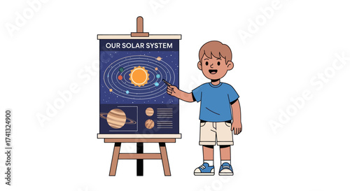 A young cartoon boy giving a school presentation about our solar system on a chart.