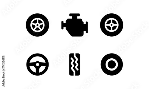 Bold silhouette automotive icons set featuring wheels, engine, steering wheel, tire