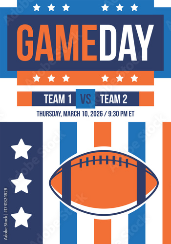 Game Day. American football playoff. Super Party in United States. Final game of regular season. Professional team championship. Ball for american football. Sport poster. Vector illustration