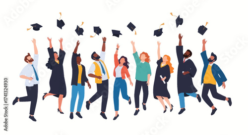 Diverse Group of Happy Graduates Celebrating Success Throwing Academic Caps.