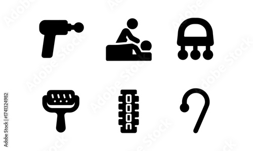 Massage therapy icons: modern black silhouettes for wellness tools and techniques