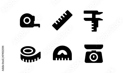 Black measurement tool icons set: tape measure, ruler, caliper, and scale silhouettes