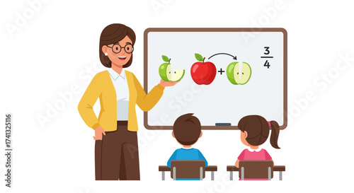 A female teacher explains a math lesson on fractions using apples on a whiteboard to two young students.