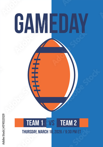 Game Day. American football playoff. Super Party in United States. Final game of regular season. Professional team championship. Ball for american football. Sport poster. Vector illustration