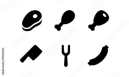 Silhouette icons of meat cuts and tools for cooking and barbecue