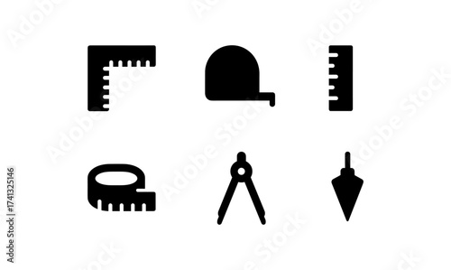 Silhouette icons of measuring tools: ruler, tape measure, compass, plumb bob