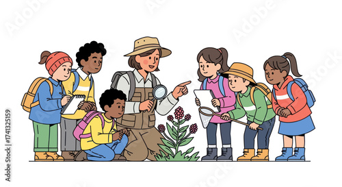 Teacher and Students Exploring Plant Life with Magnifying Glass in Outdoor Education.