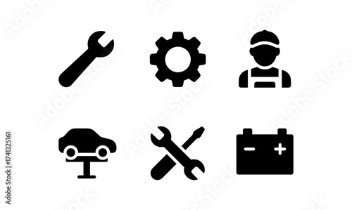 Automotive repair icons set featuring tools, mechanic, gear, car lift, and battery in silhouette style