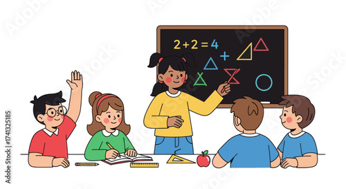 Cartoon Teacher Teaching Math to Diverse Students in Classroom.