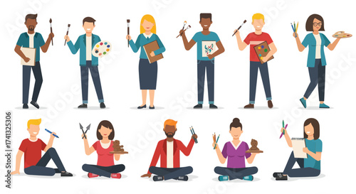 Diverse Group of Artists Holding Art Supplies Standing and Sitting Smiling.