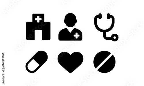 Medical icons: hospital, doctor, stethoscope, pill, heart, medicine in silhouette style