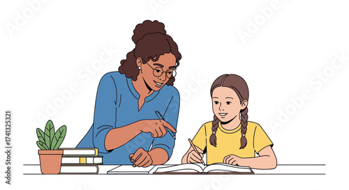 Female Teacher Assisting Young Girl with Schoolwork and Learning.