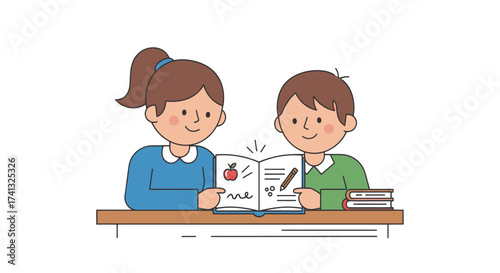 Two young cartoon students a boy and a girl happily reading a picture book together at a school desk.
